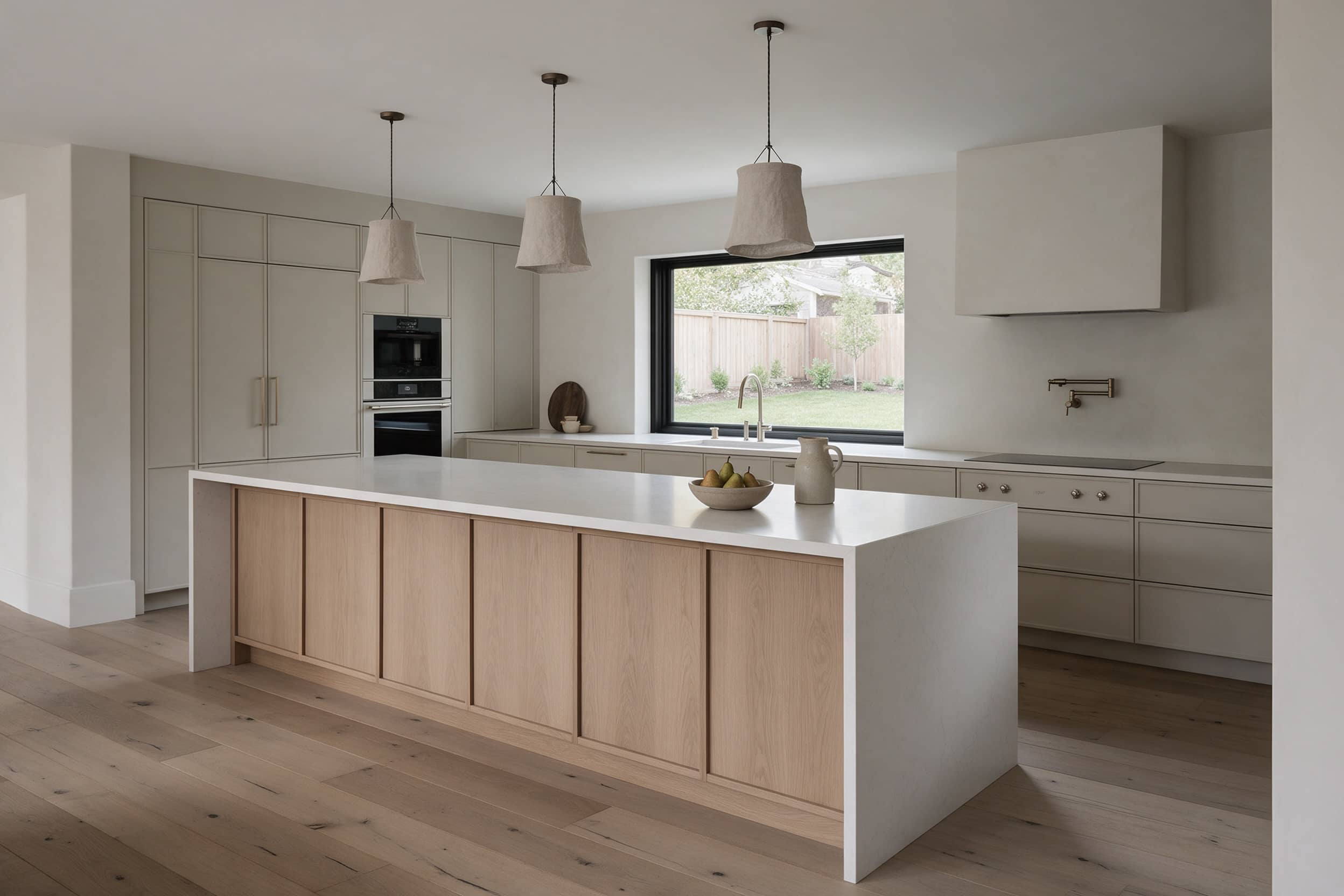 Kitchen with white oak island and quartz counters