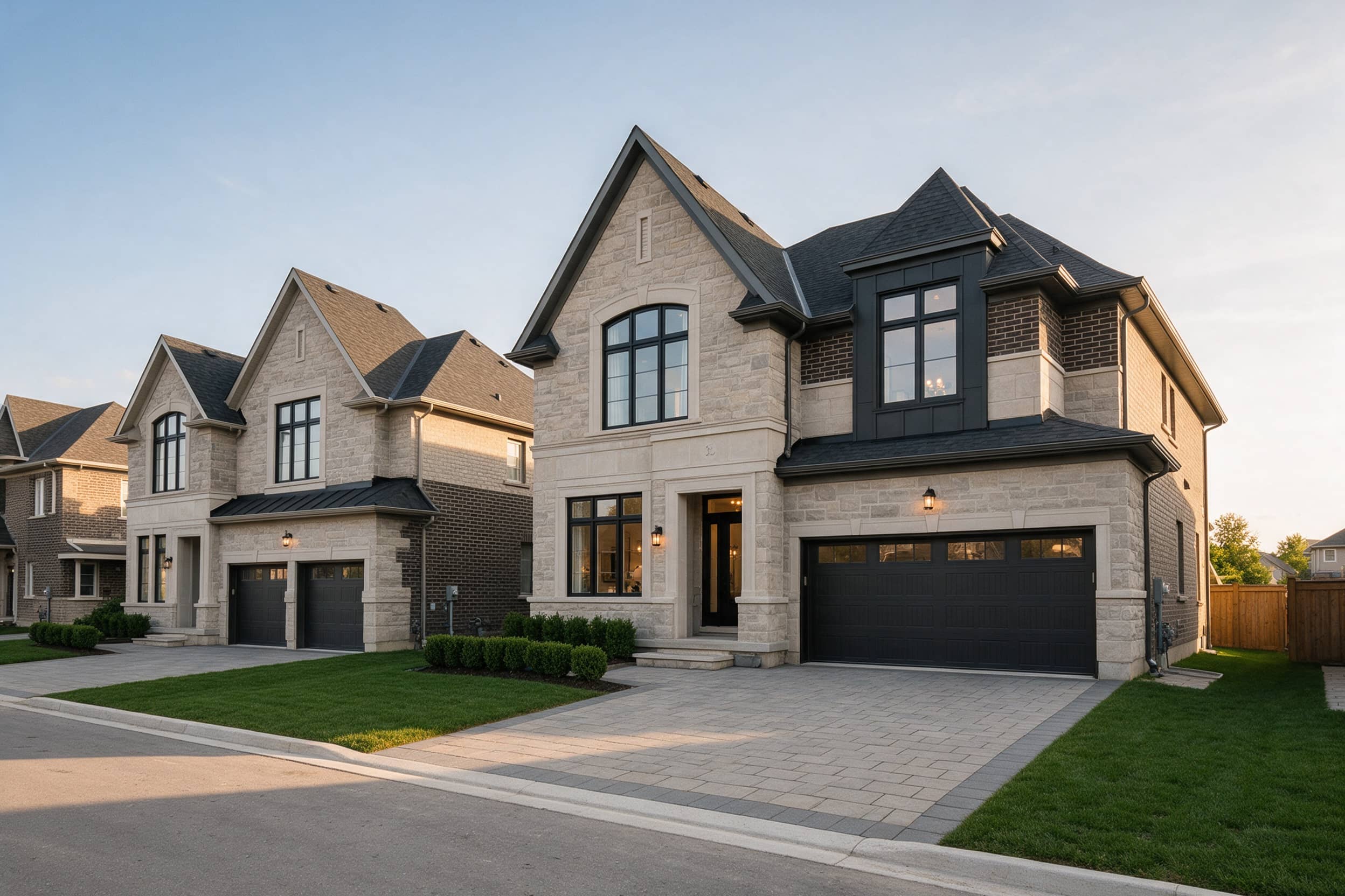 Stone and brick detached homes in Mayfield West at golden hour