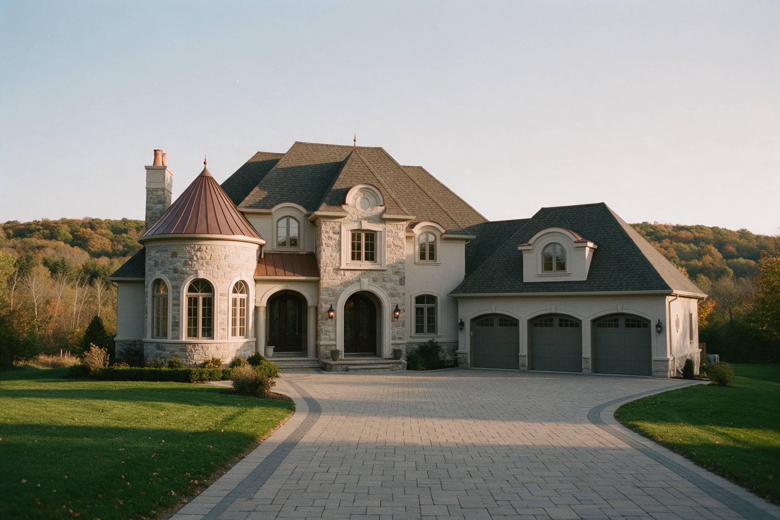 Chateau-inspired estate home with hills in autumn colour behind