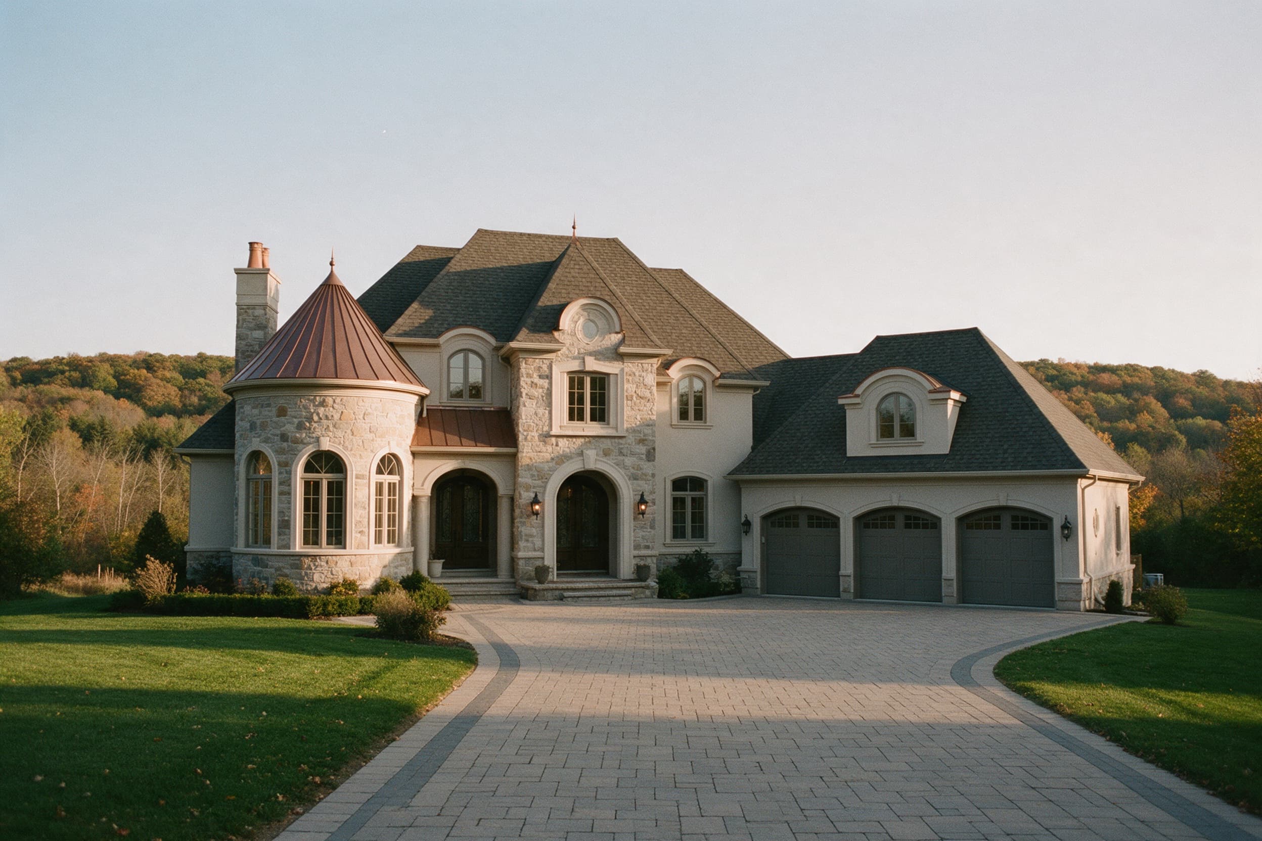 Chateau-inspired estate home with hills in autumn colour behind