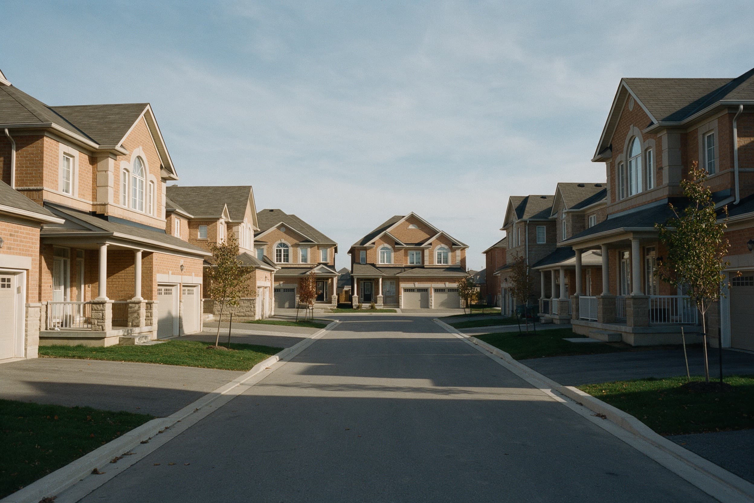 Traditional brick detached homes and townhomes on a new northwest Brampton street