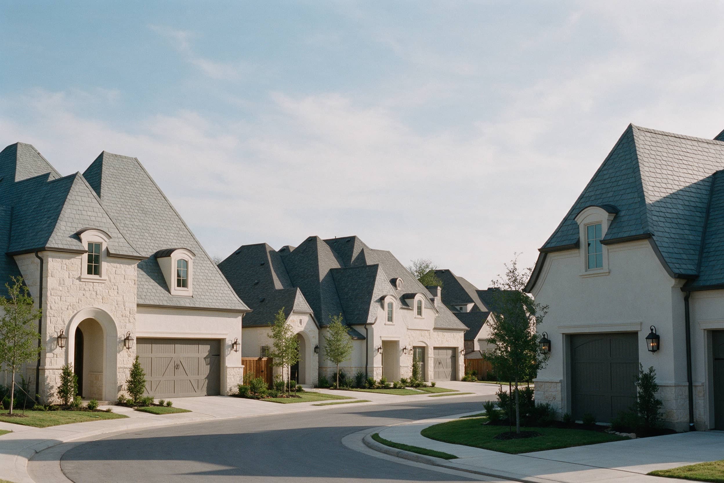 French-country-inspired detached homes with slate-grey roofs