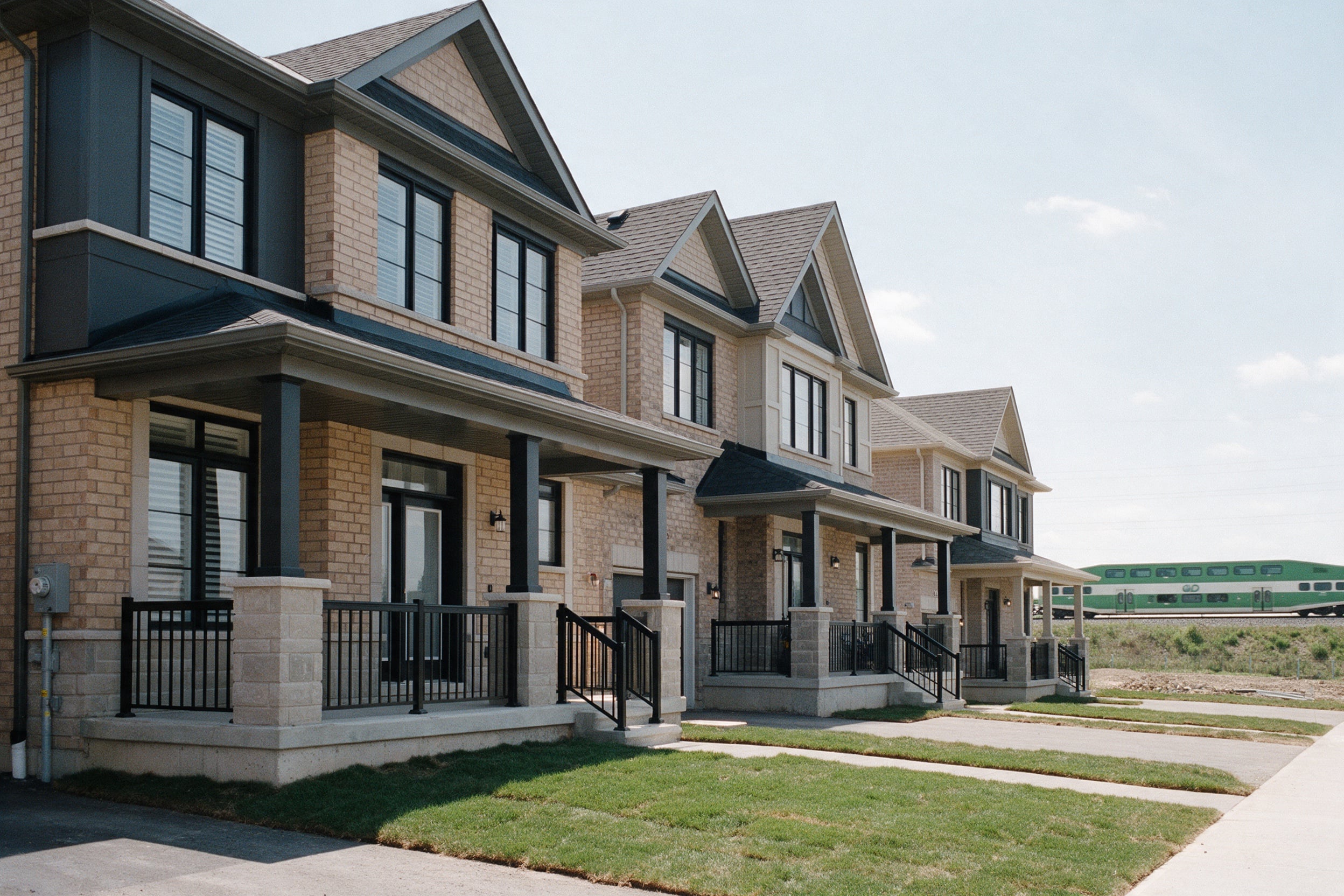 Wide-lot townhomes with a GO train passing in the distance