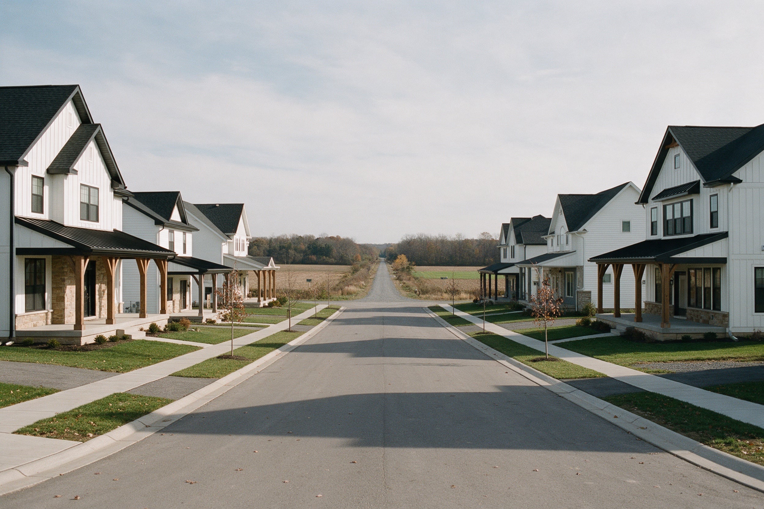 Modern-farmhouse detached homes beside a rail-trail and farmland