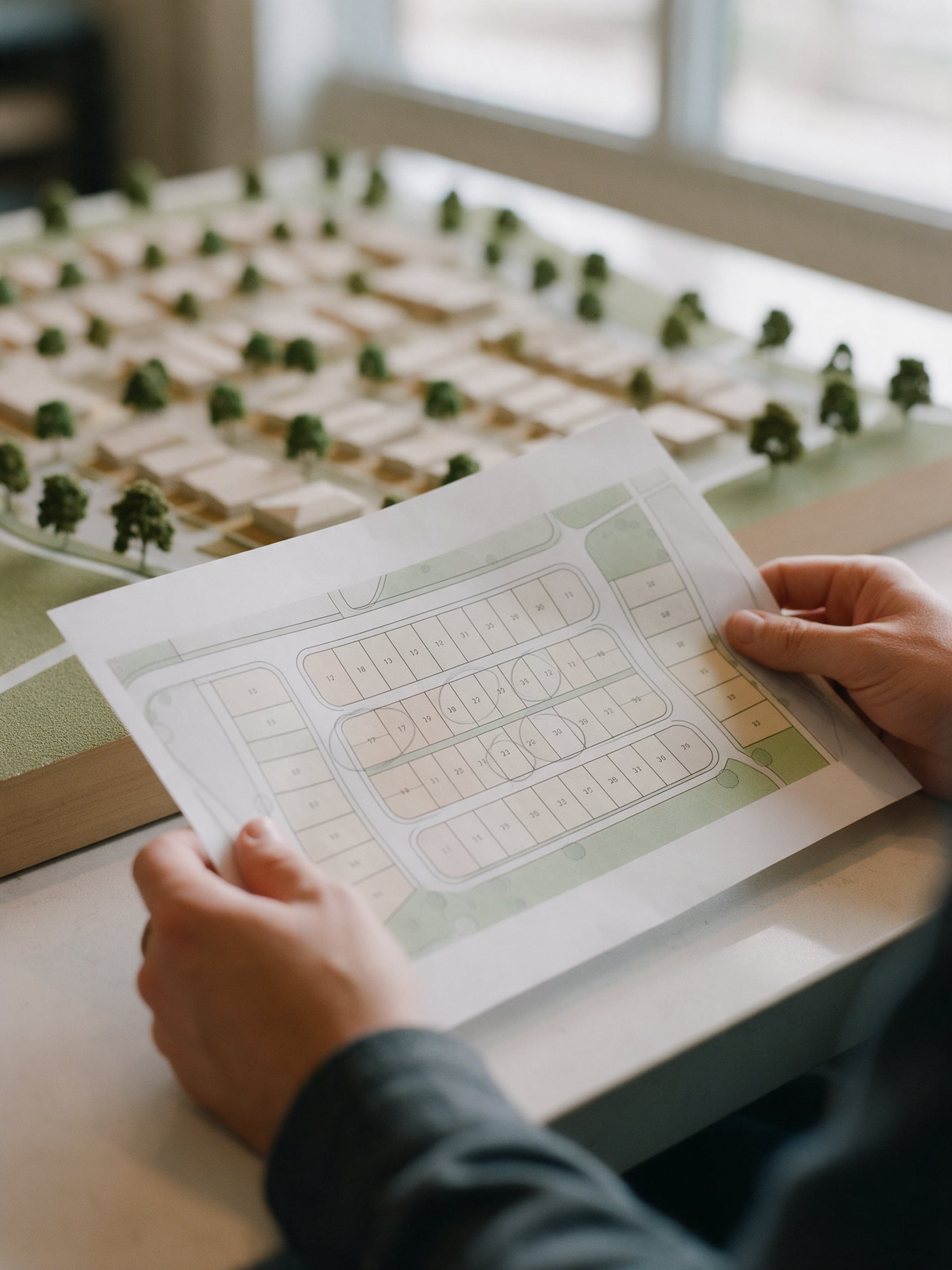 Hands holding a printed site plan beside a scale model of a new community