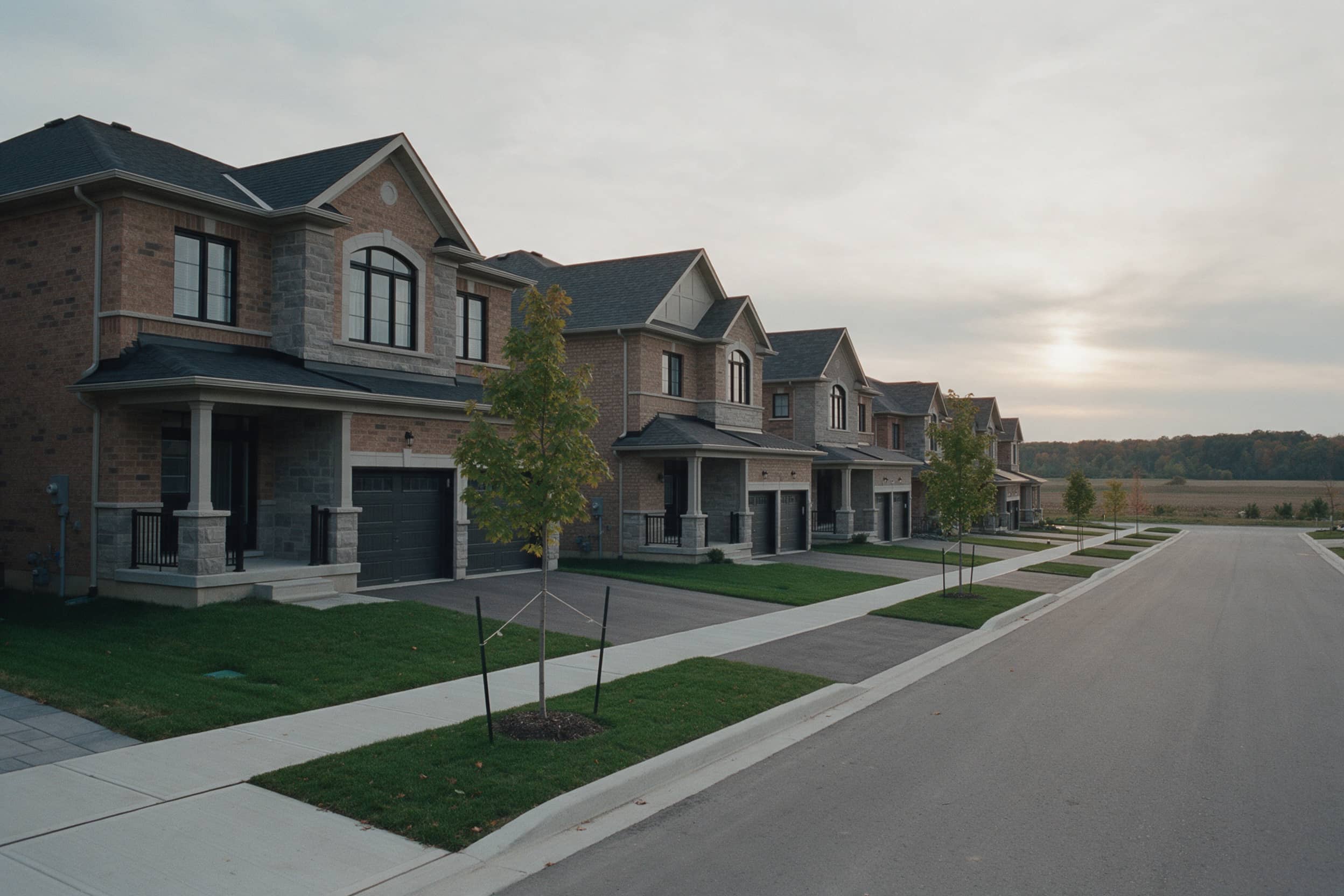 A new street of brick detached homes at dusk
