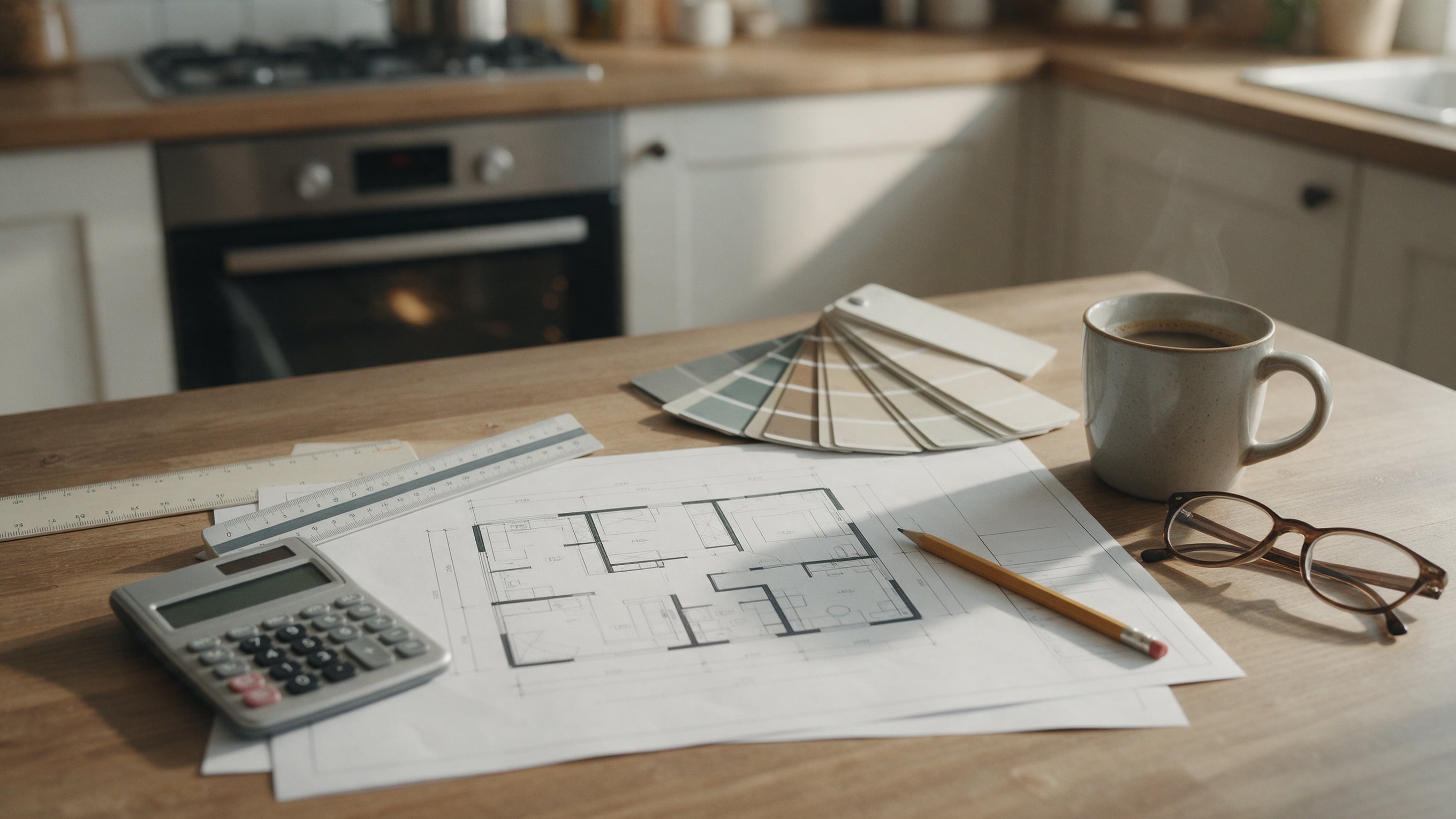 A floor plan, calculator, ruler and paint swatches on a kitchen table