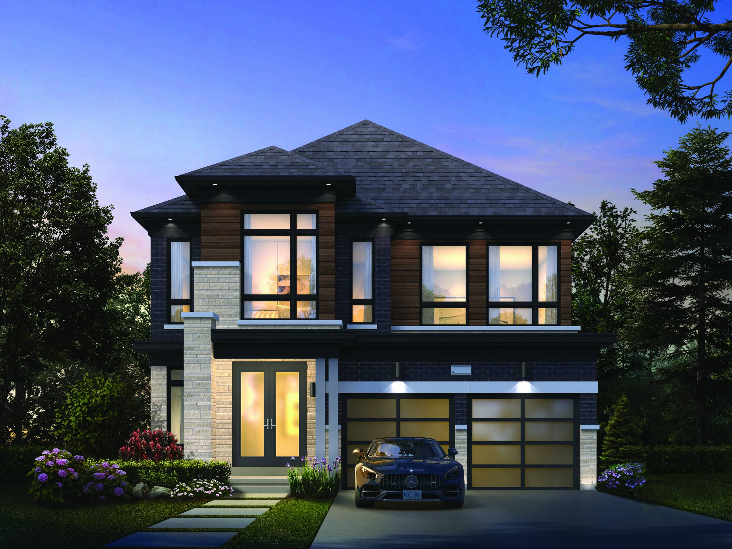 Modern detached home at twilight