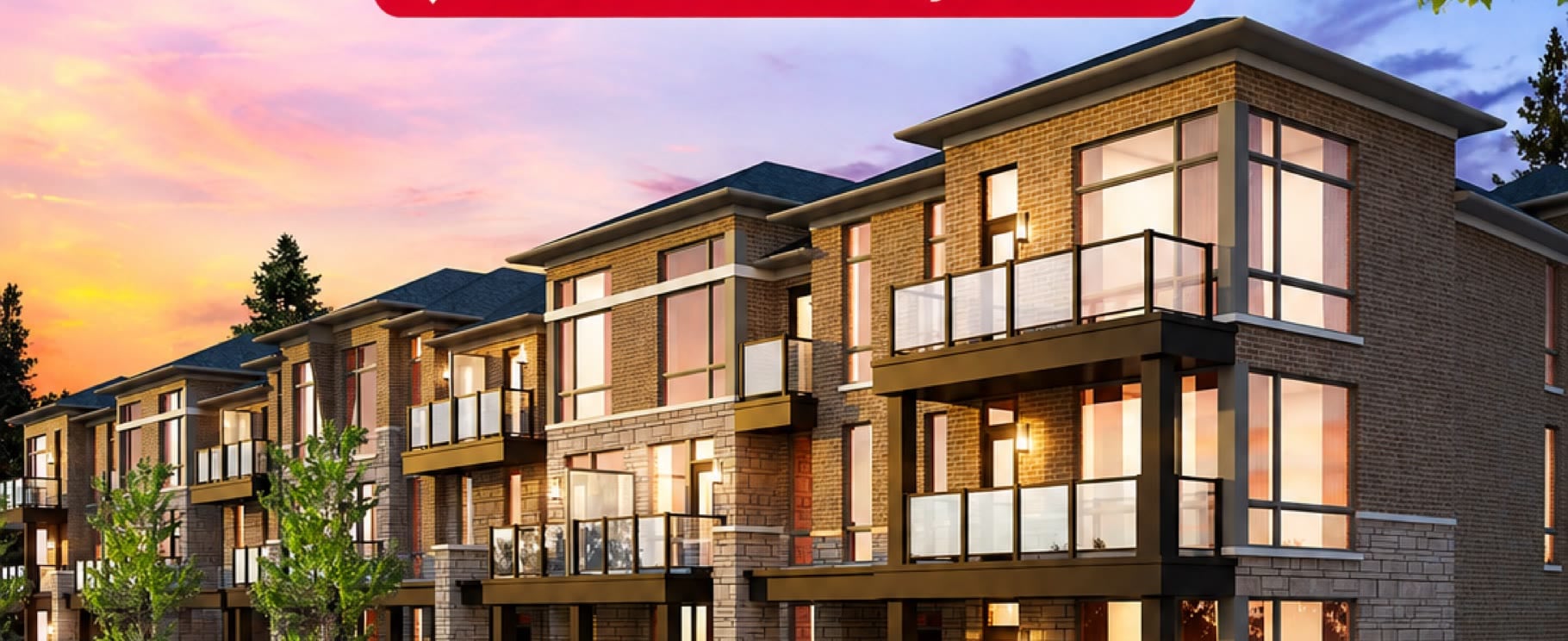 Three-storey brick urban townhomes with glass balconies at sunset