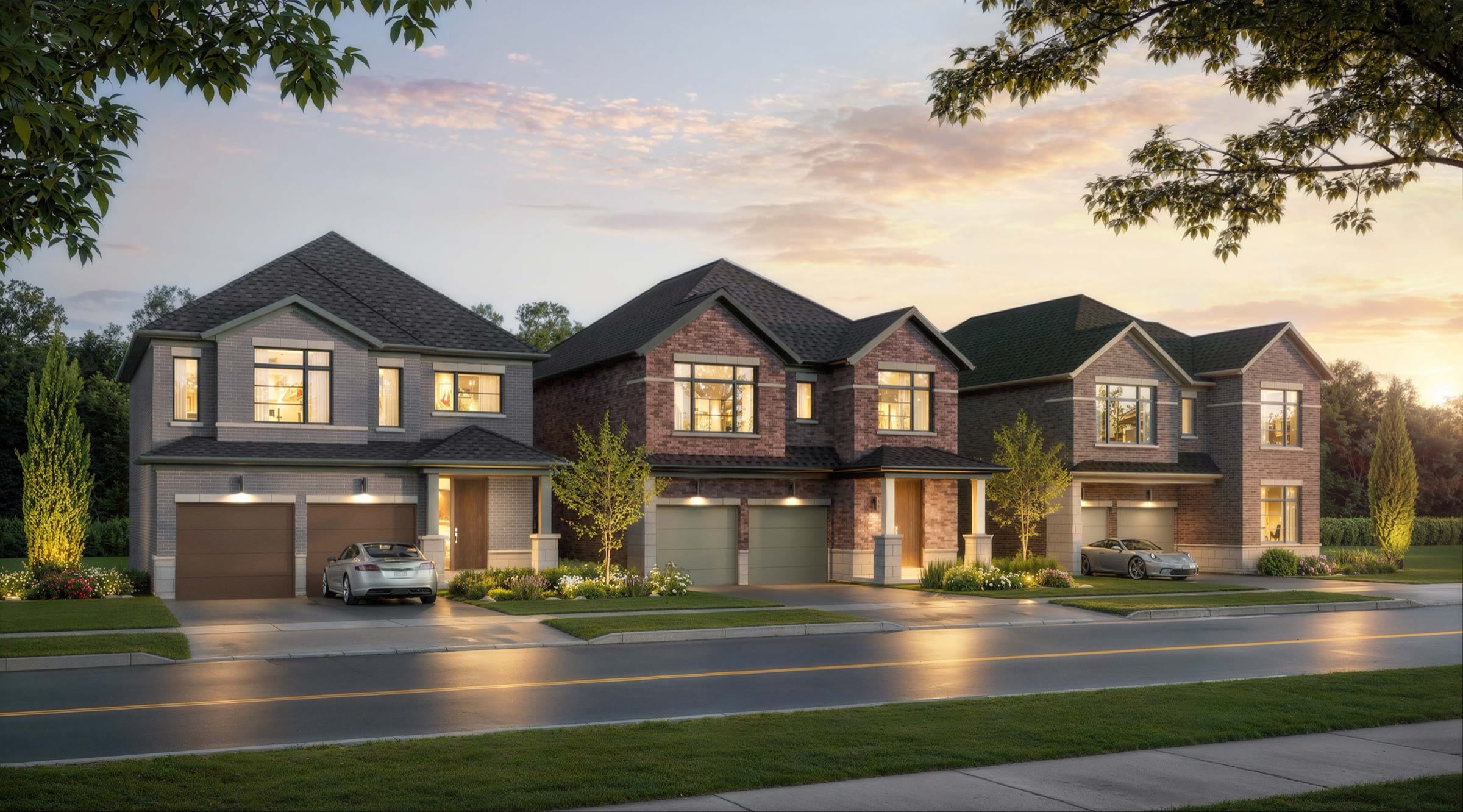 Detached homes on a new street at dusk