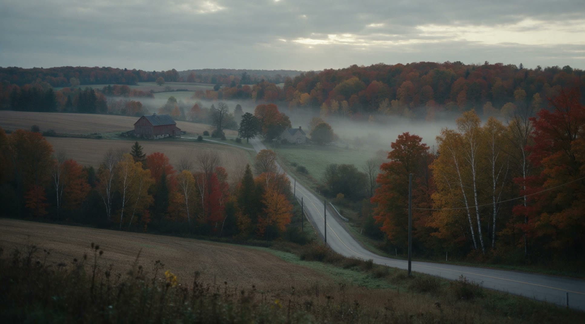 Rolling farmland and autumn forest in the Caledon Hills with mist in the valley