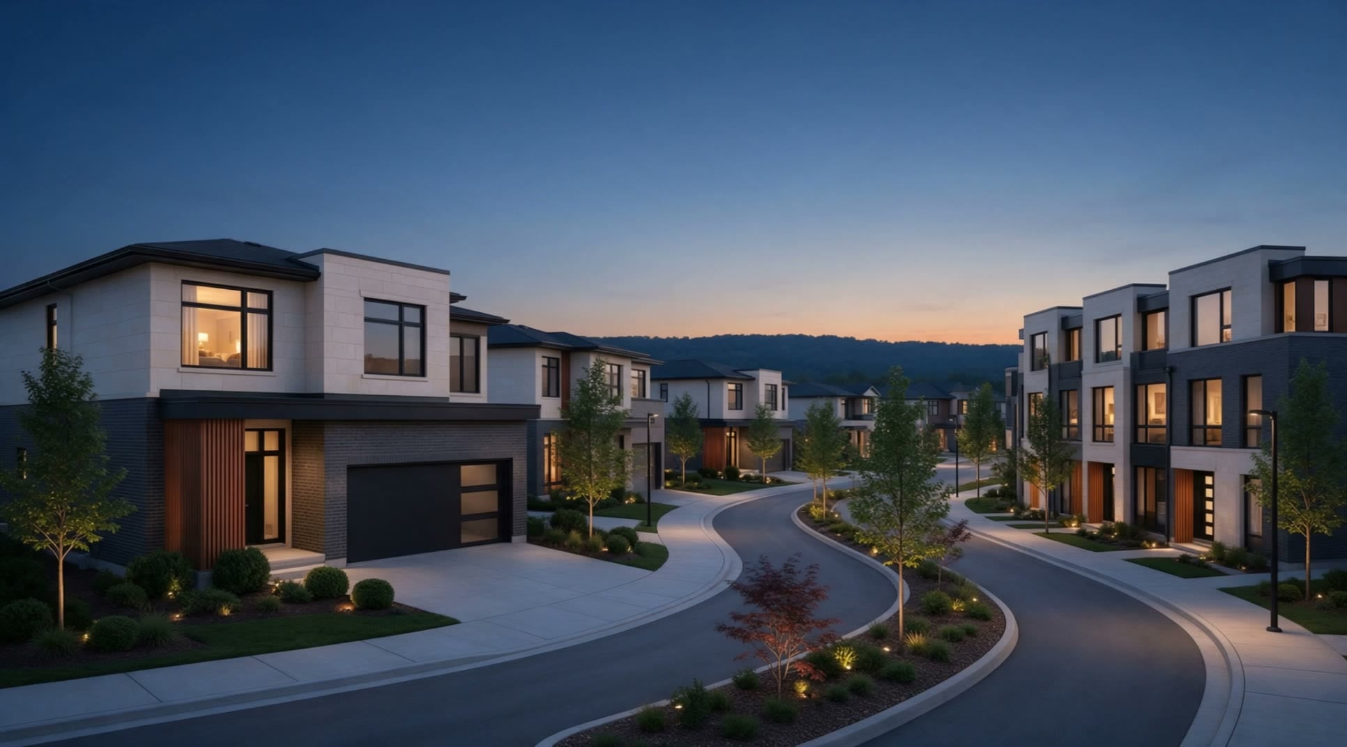 A curving street of new homes at blue hour